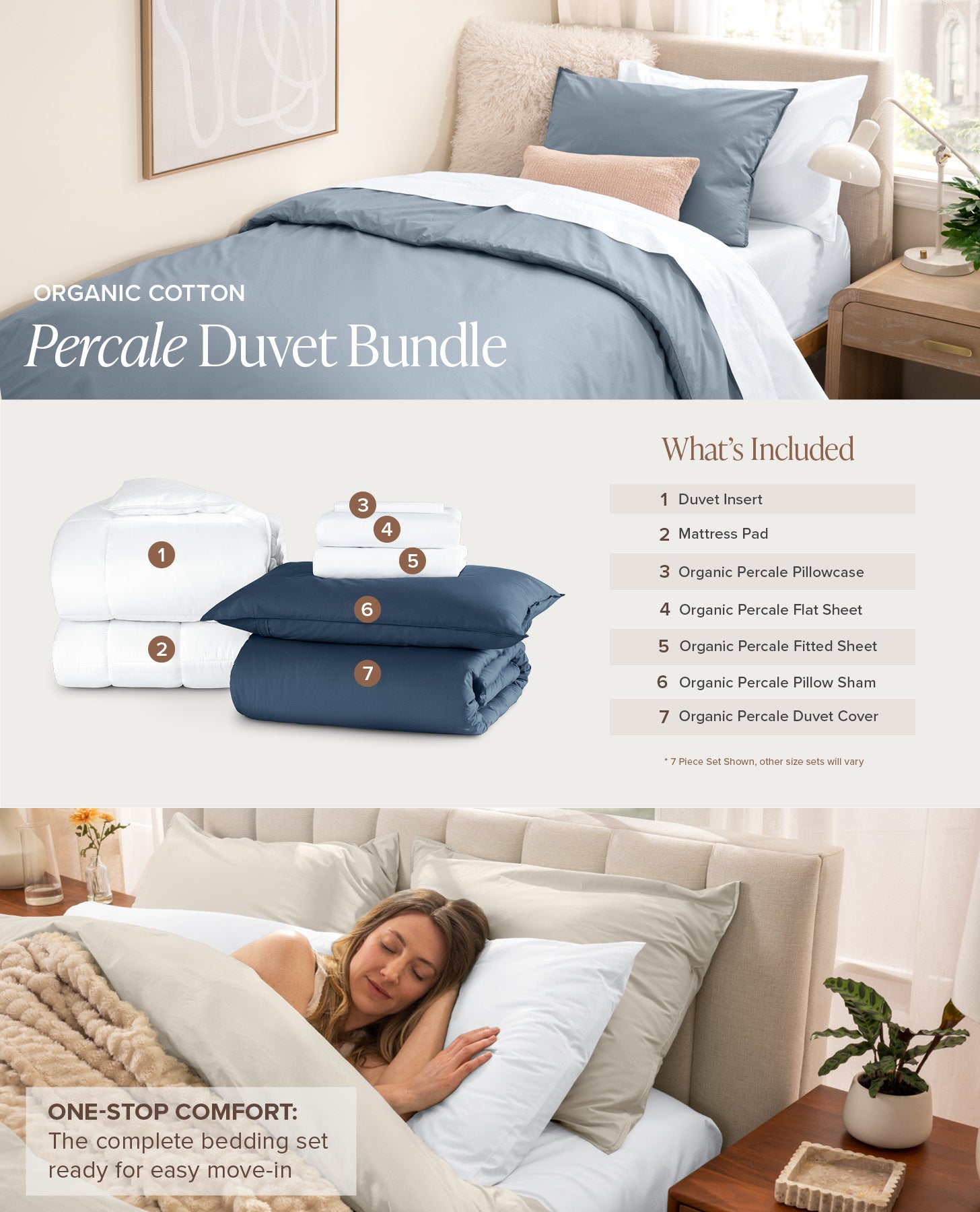 Bedding set with Percale Duvet Bundle on a bed, including duvet insert, mattress pad, pillowcases, and flat sheets.