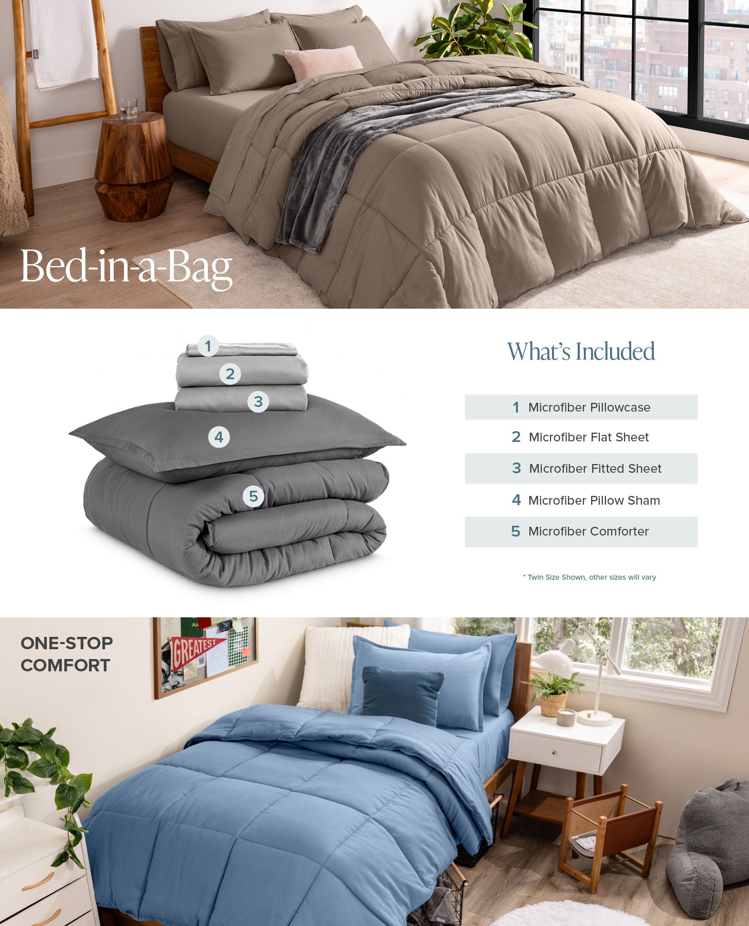 Bedding set with comforter, pillows, and flat sheet displayed on a bed and sofa.
