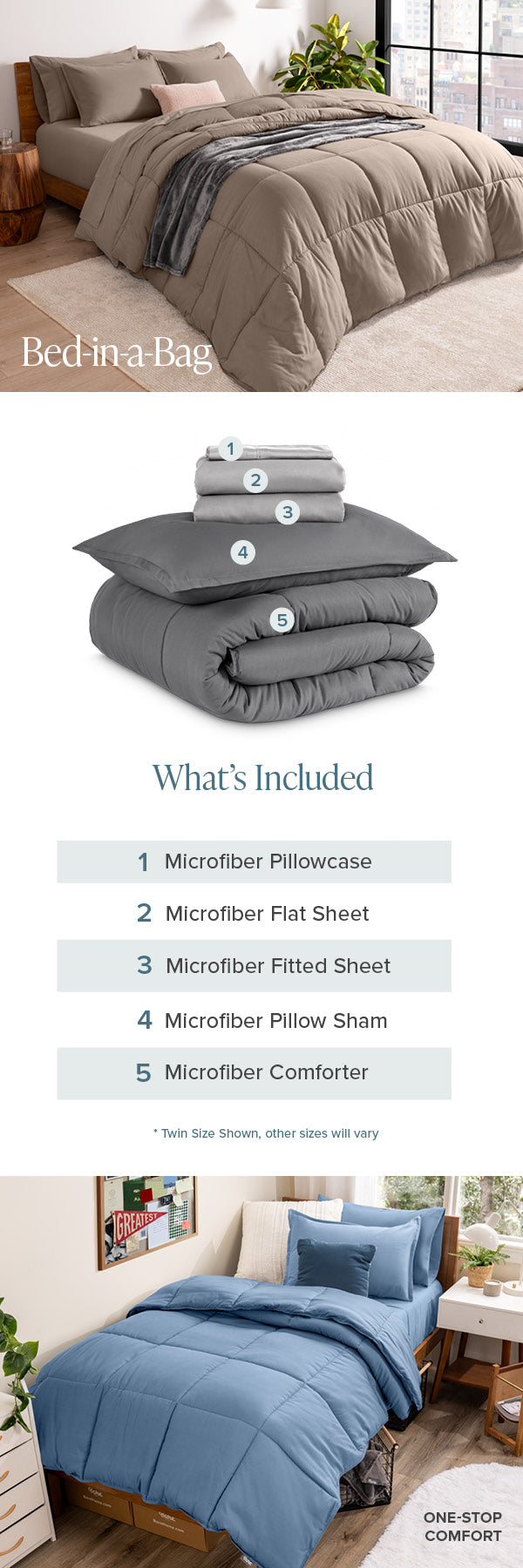 Bedding set with gray comforter and pillows, including a list of included items.