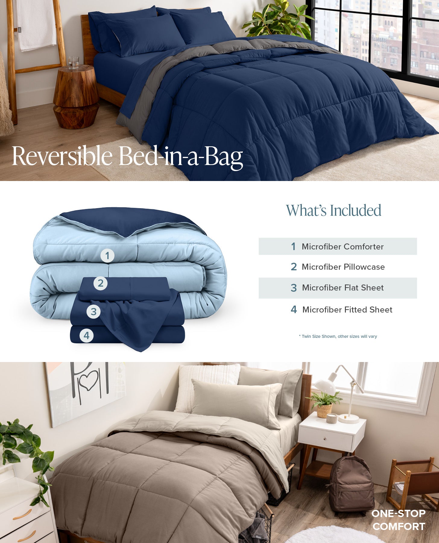 Reversible bed-in-a-bag set with blue and gray comforter, shown in a bedroom setting.