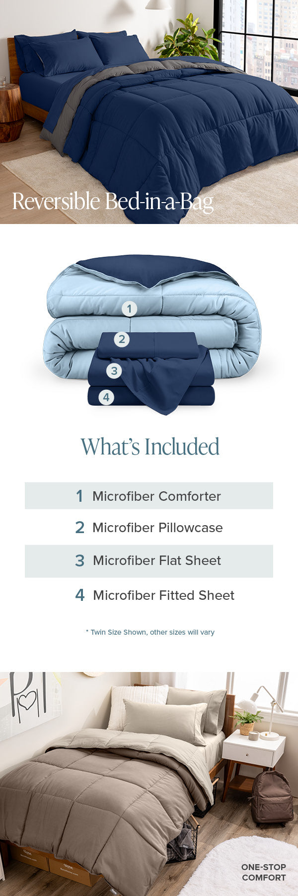 Reversible bed-in-a-bag set with comforter, pillowcase, flat sheet, and fitted sheet on a bed.