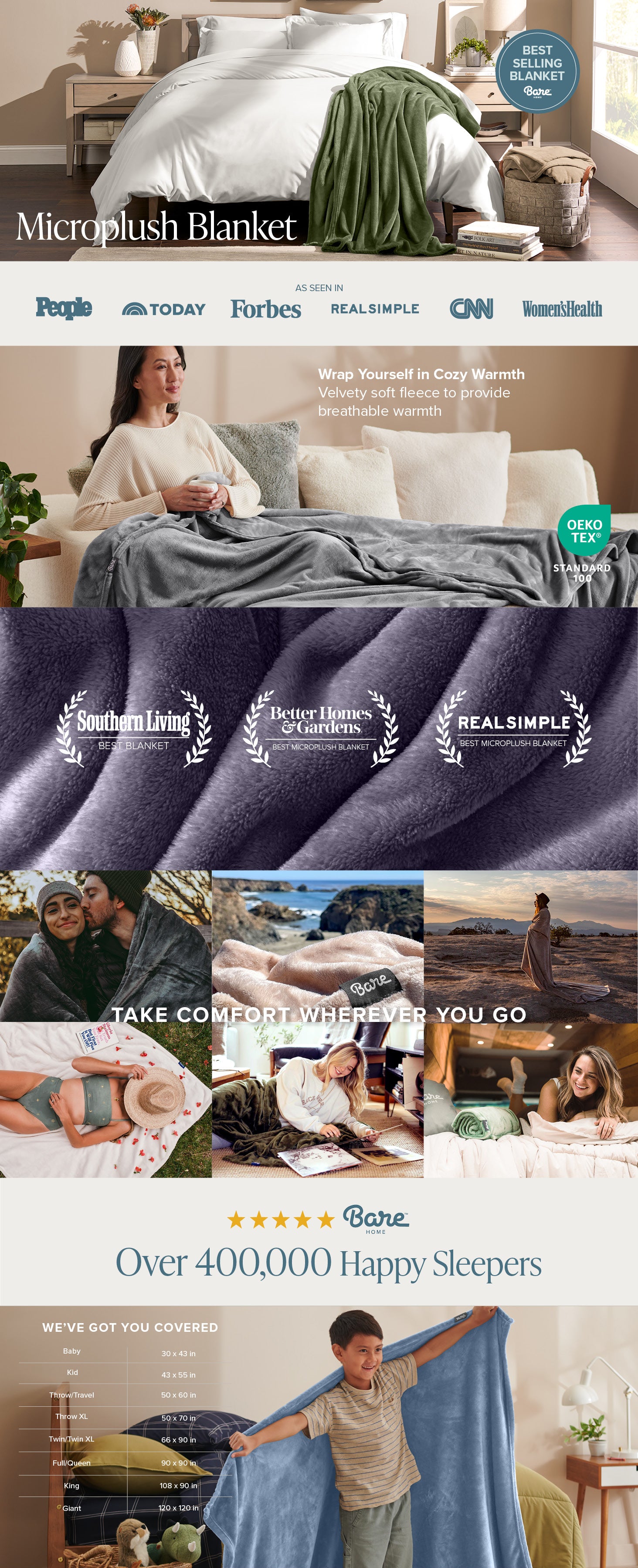 Microplush blanket with images of people using it in various settings, surrounded by product shots and awards.