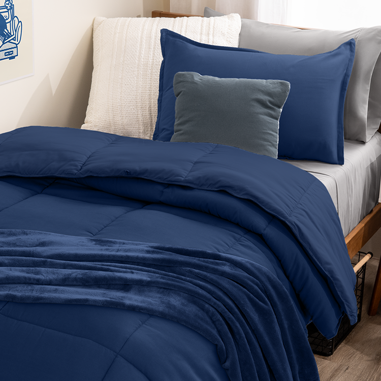 Closeup of navy blue Ultimate Bed In A Bag fabric