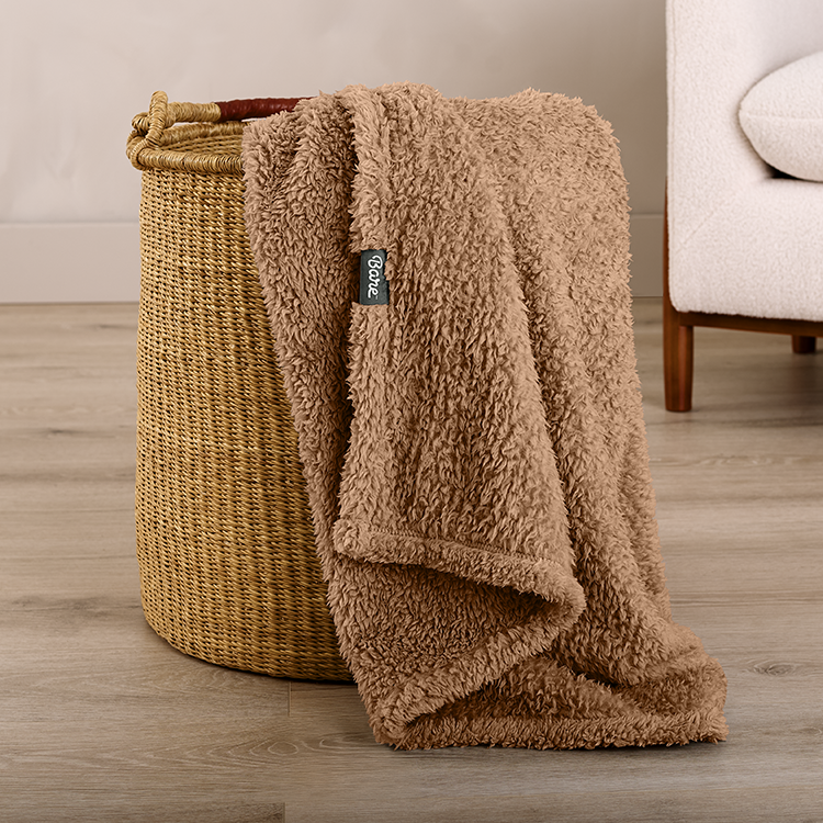 Close-up of tan faux shearling blanket texture