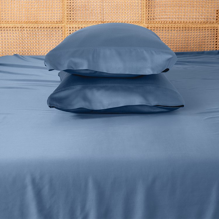 Close-up of navy bamboo pillowcase fabric