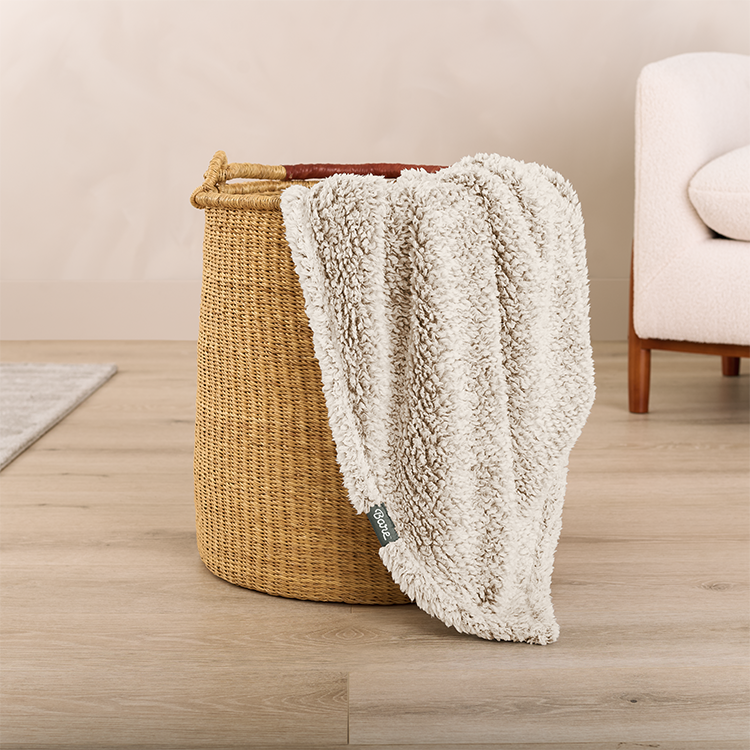 Close-up of tan tipped sherpa blanket texture
