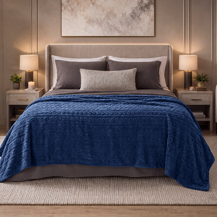 Bed with a navy cable knit faux shearling blanket