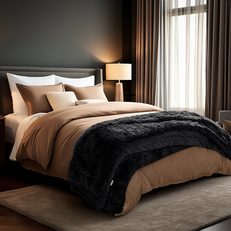 Bed styled with dark brown Shaggy Faux Fur Sherpa Blanket