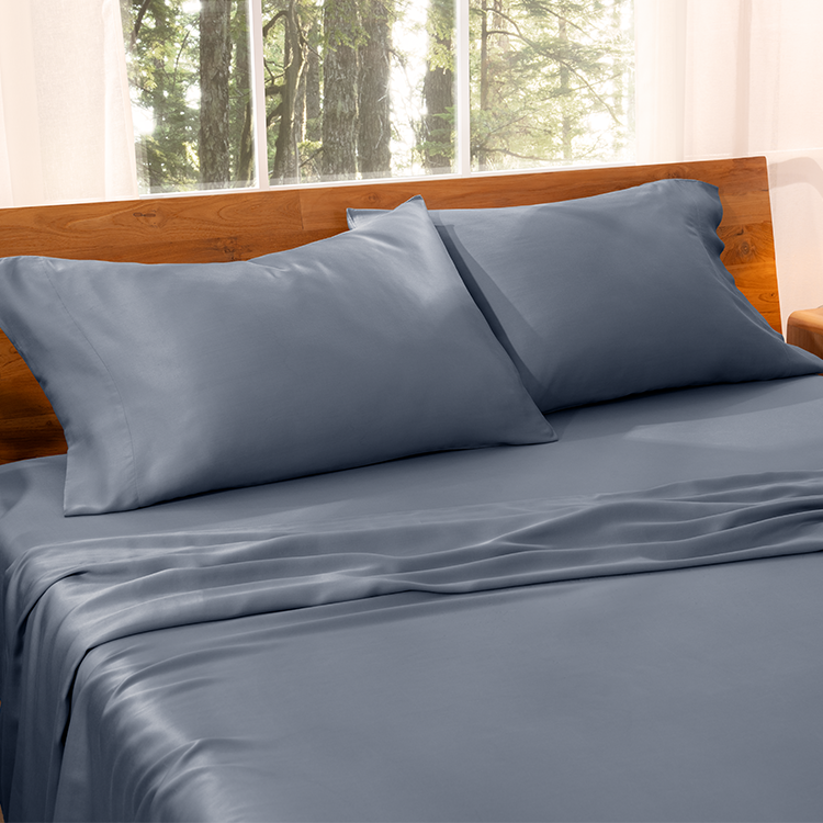 Closeup of blue TENCEL Lyocell Pillowcase Set fabric texture