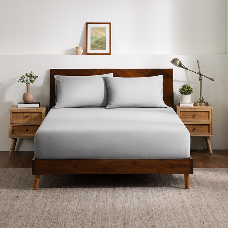 Bed styled with light gray Ultra Soft Fitted Sheet with Pillowcase Set