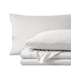 Percale bedding set including pillowcases and folded sheets arranged on a clean white background