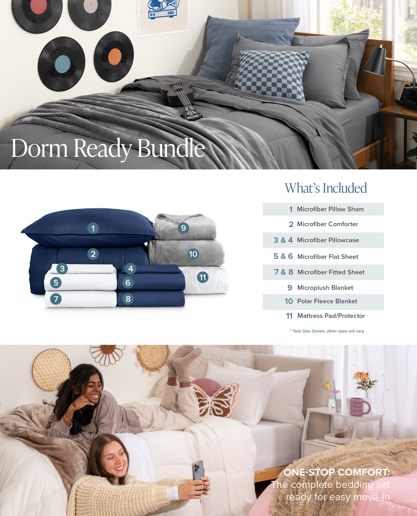 Dorm room bedding set with pillows, comforter, and mattress pad on a bed.