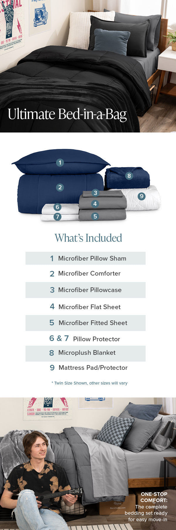 Bedding set with pillow, comforter, and sheets on a bed with a person sitting on the floor.
