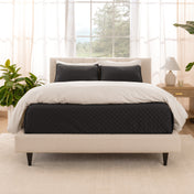 A bright bedroom with a coverlet set on the bed