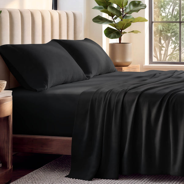 A modern bedroom with organic jersey sheets