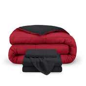 A reversible microfiber comforter and a coordinating sheet set folded and stacked