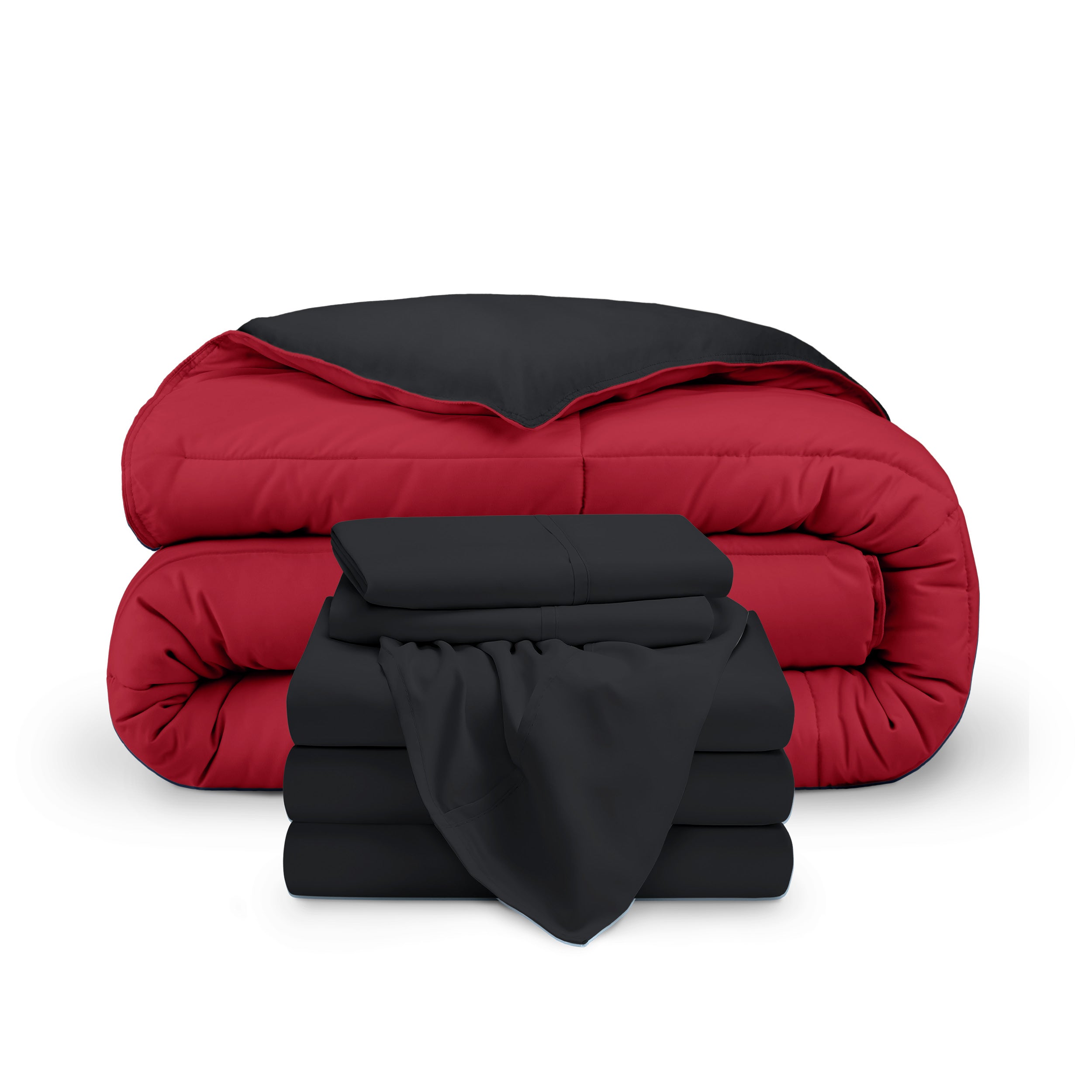 A reversible microfiber comforter and a coordinating sheet set folded and stacked