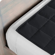 Close up of a weighted blanket on top of a bed made with white sheets