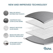 Diagram of a weighted blanket with features highlighted and 'Bare' brand logo.