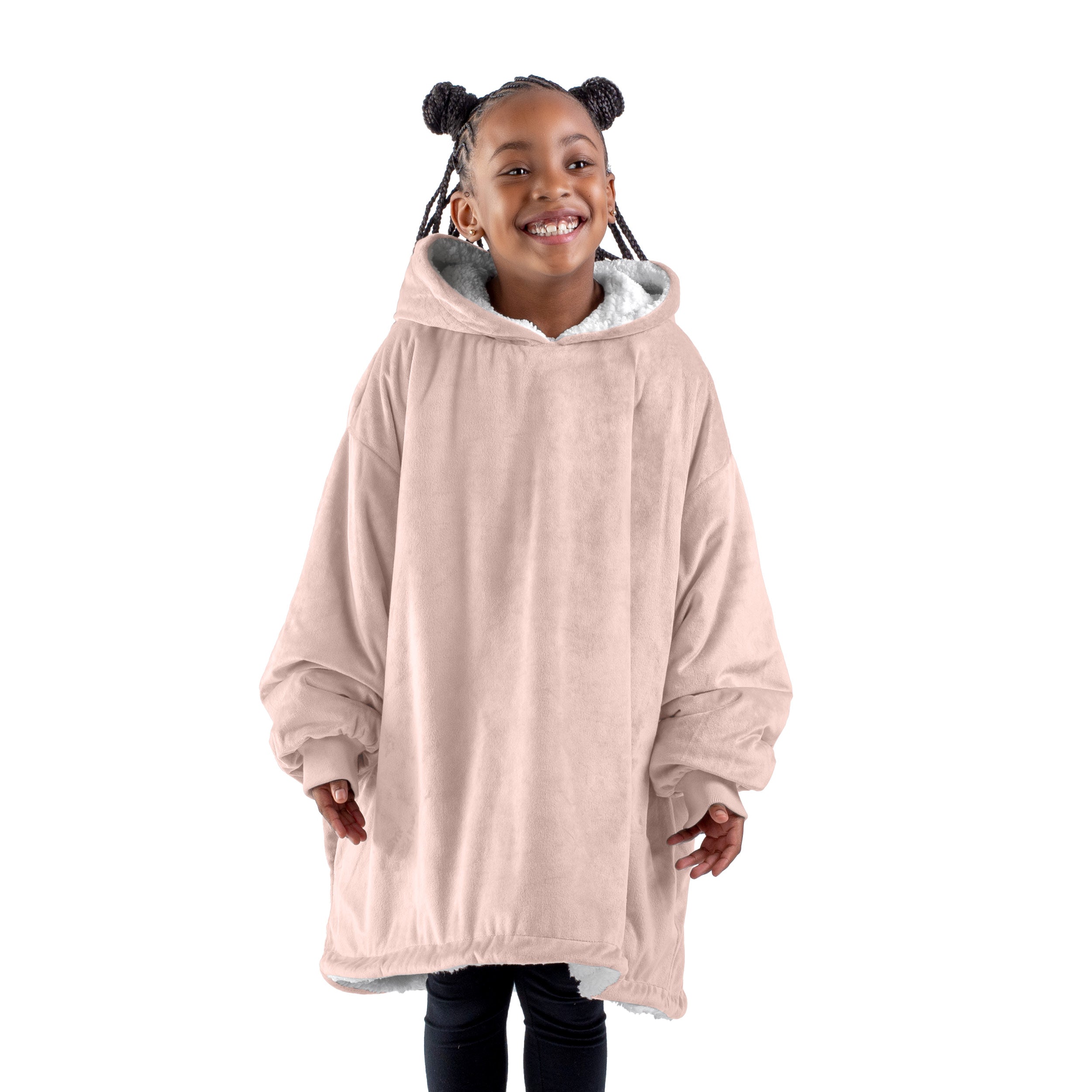 A child with a sherpa wearable blanket on