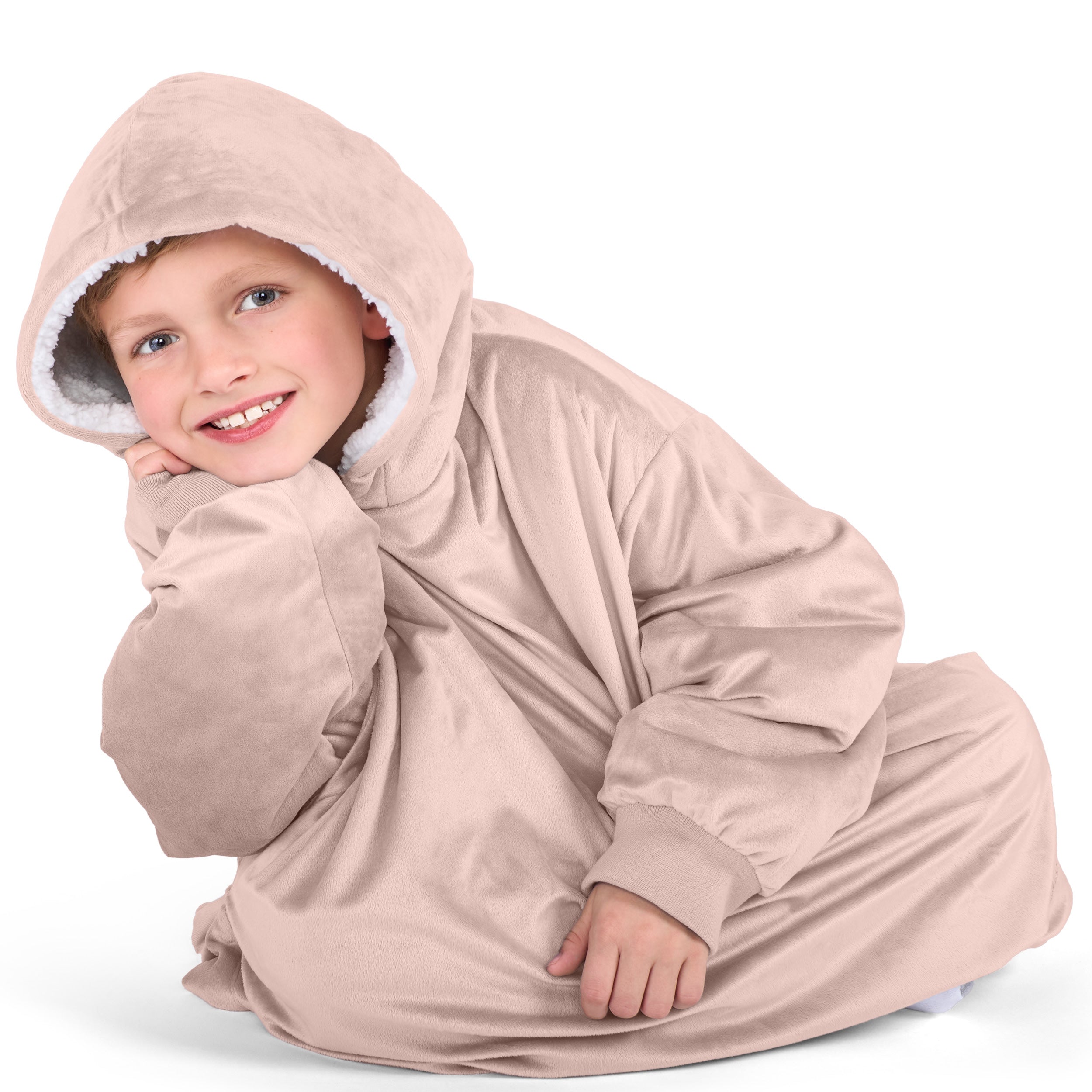 Close up of a sherpa wearable blanket on a child