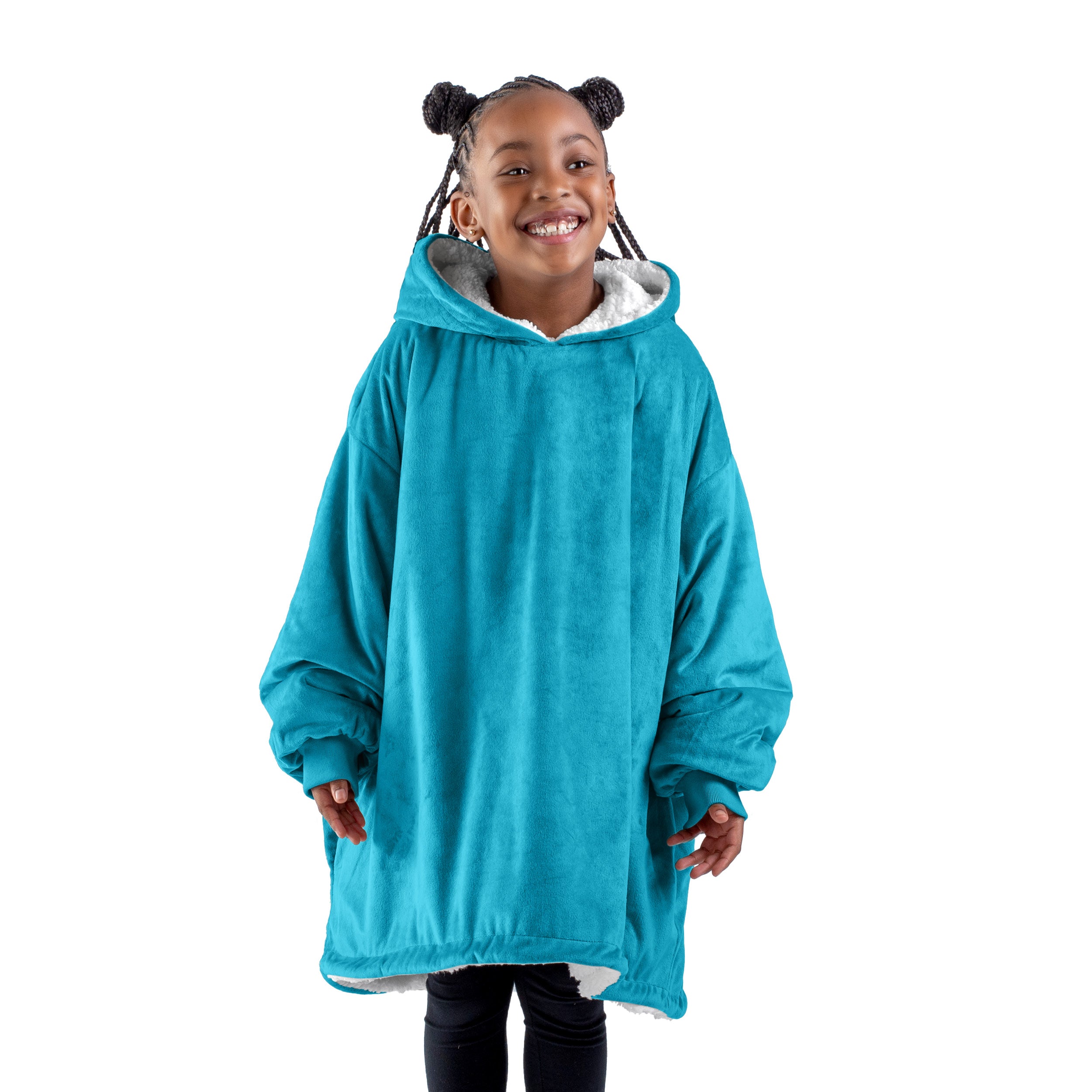 A child with a sherpa wearable blanket on