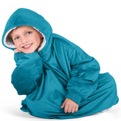 Close up of a sherpa wearable blanket on a child