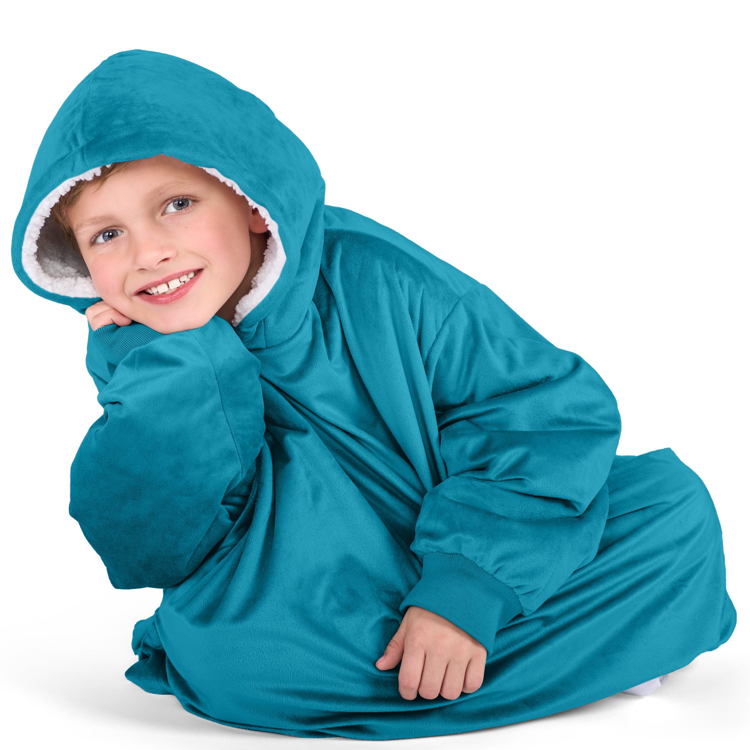 Close up of a sherpa wearable blanket on a child