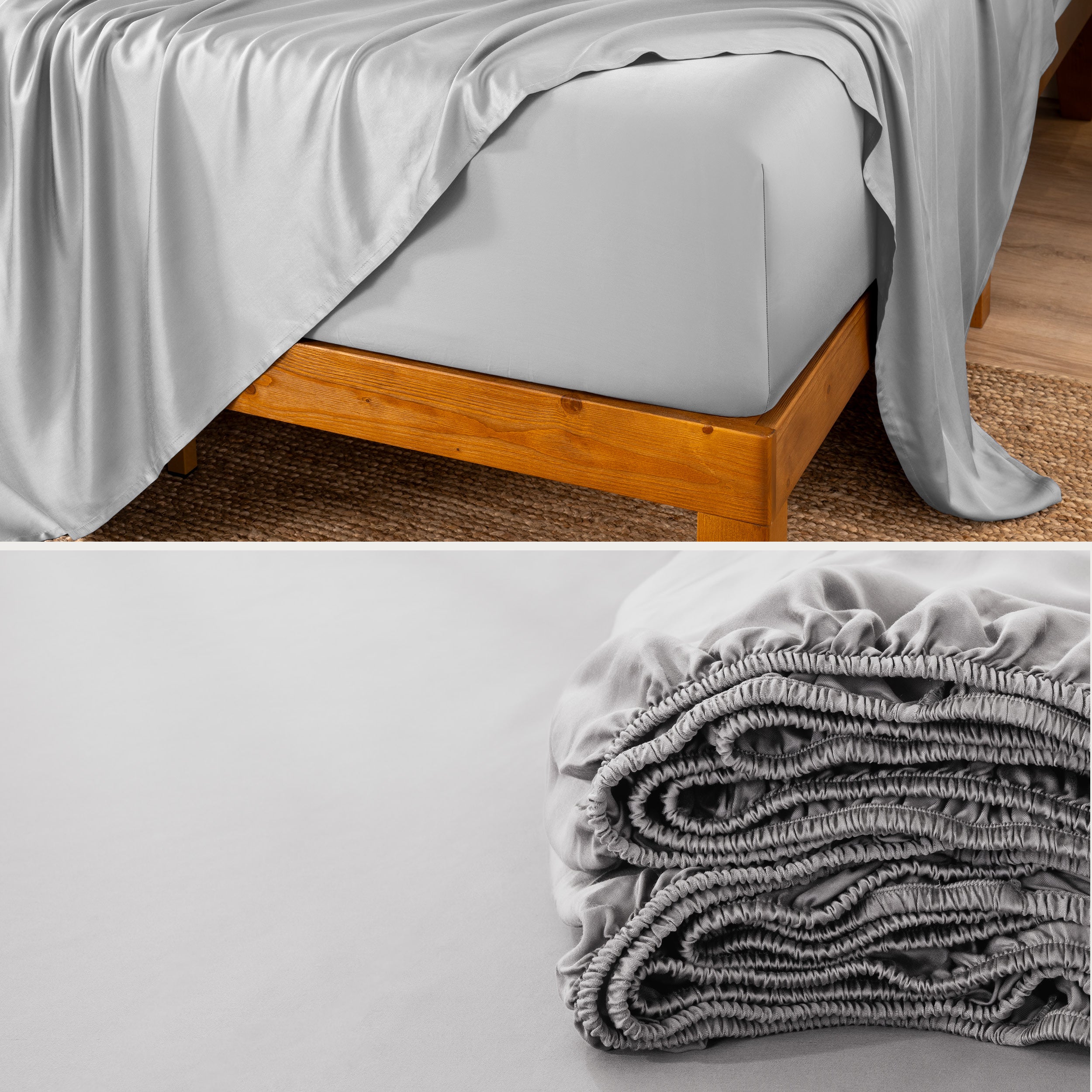 Split image of the corner of a bed and a fitted sheet