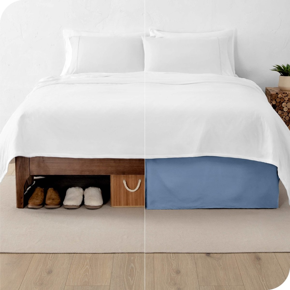A split image showing a bed without a bed skirt on the left and with a bed skirt on the right.