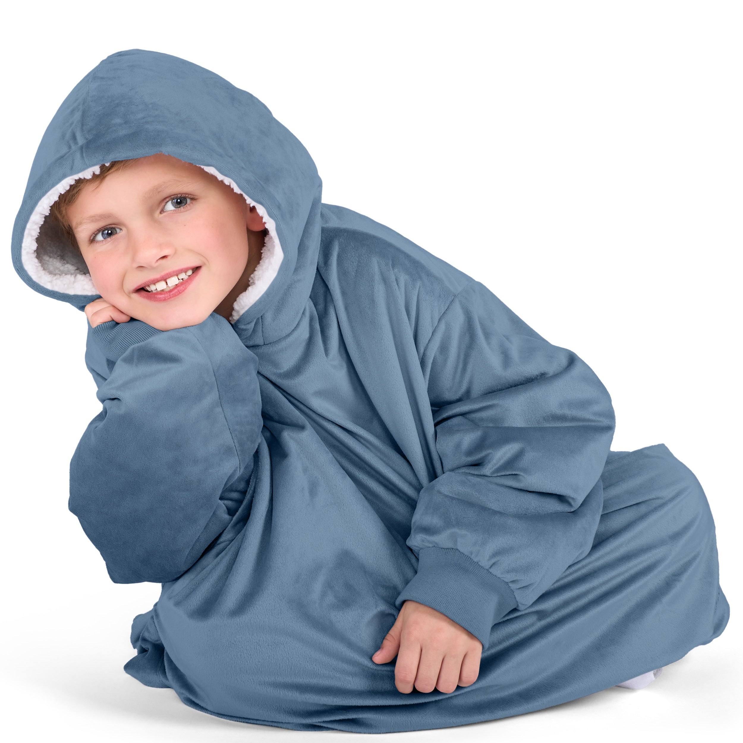 Close up of a sherpa wearable blanket on a child