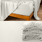 Split image of the corner of a bed and a fitted sheet