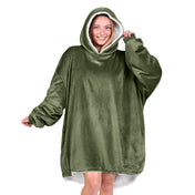An adult with a sherpa wearable blanket on