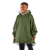 A child with a sherpa wearable blanket on