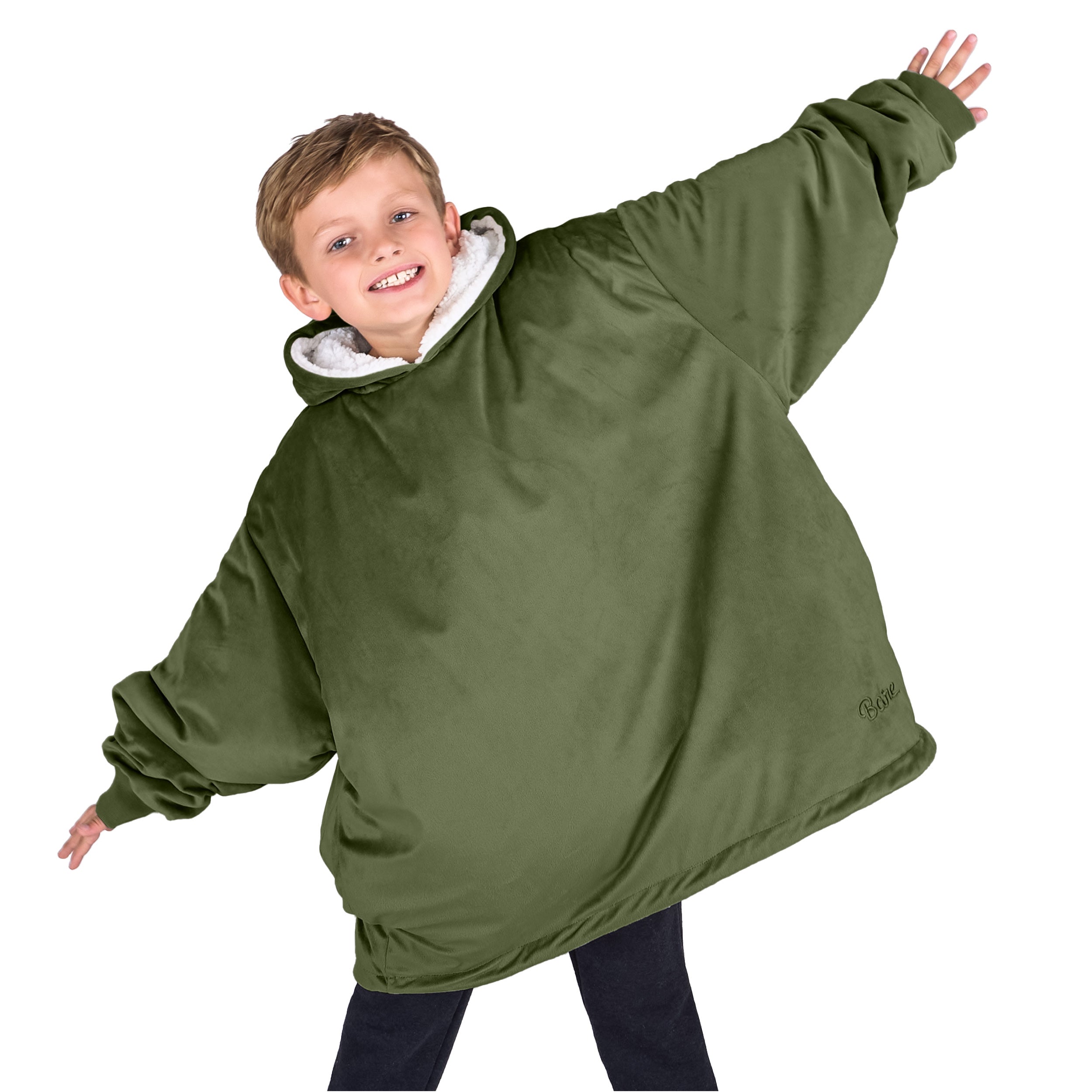 A child with a wearable blanket on
