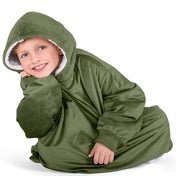 Close up of a sherpa wearable blanket on a child
