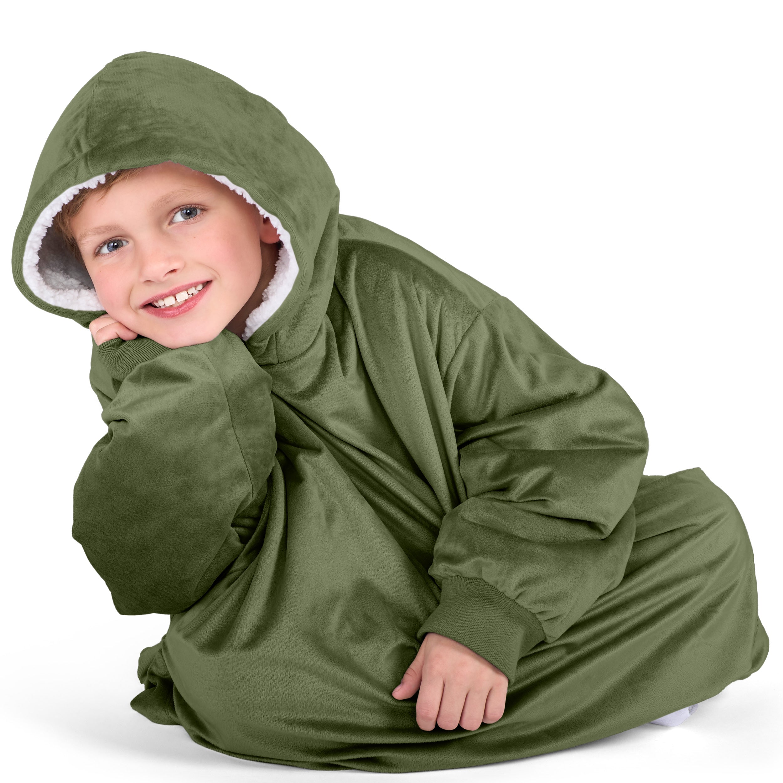 Close up of a sherpa wearable blanket on a child