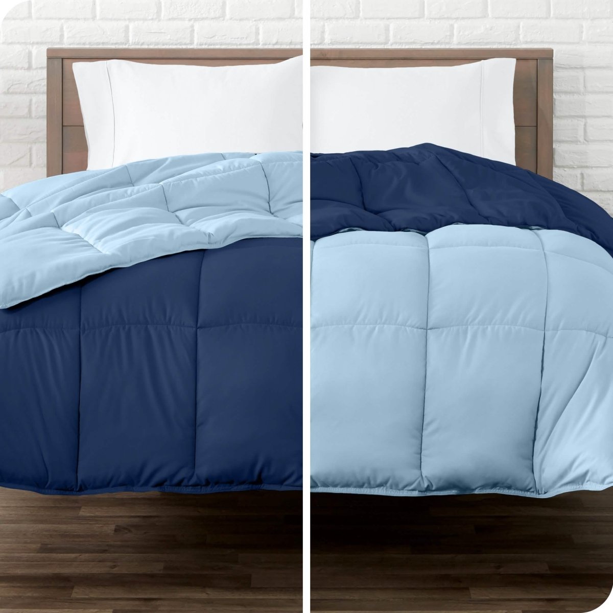 A split image of a reversible comforter showing both colors