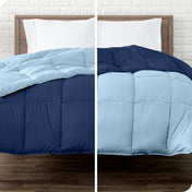 A split image of a reversible comforter showing both colors