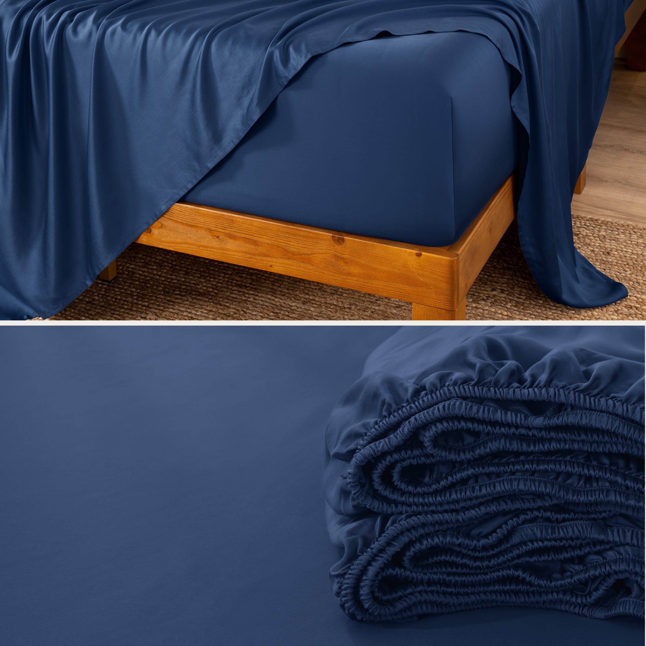 Split image of the corner of a bed and a fitted sheet