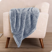 A sherpa blanket is hanging over the edge of a chair