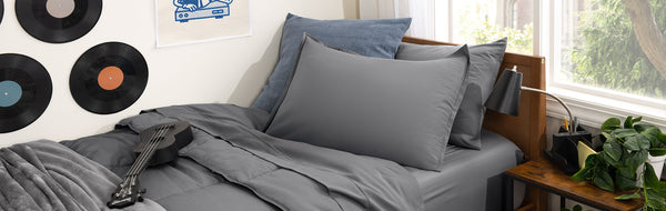 Grey Bedding Set made on a twin xl bed in a dorm