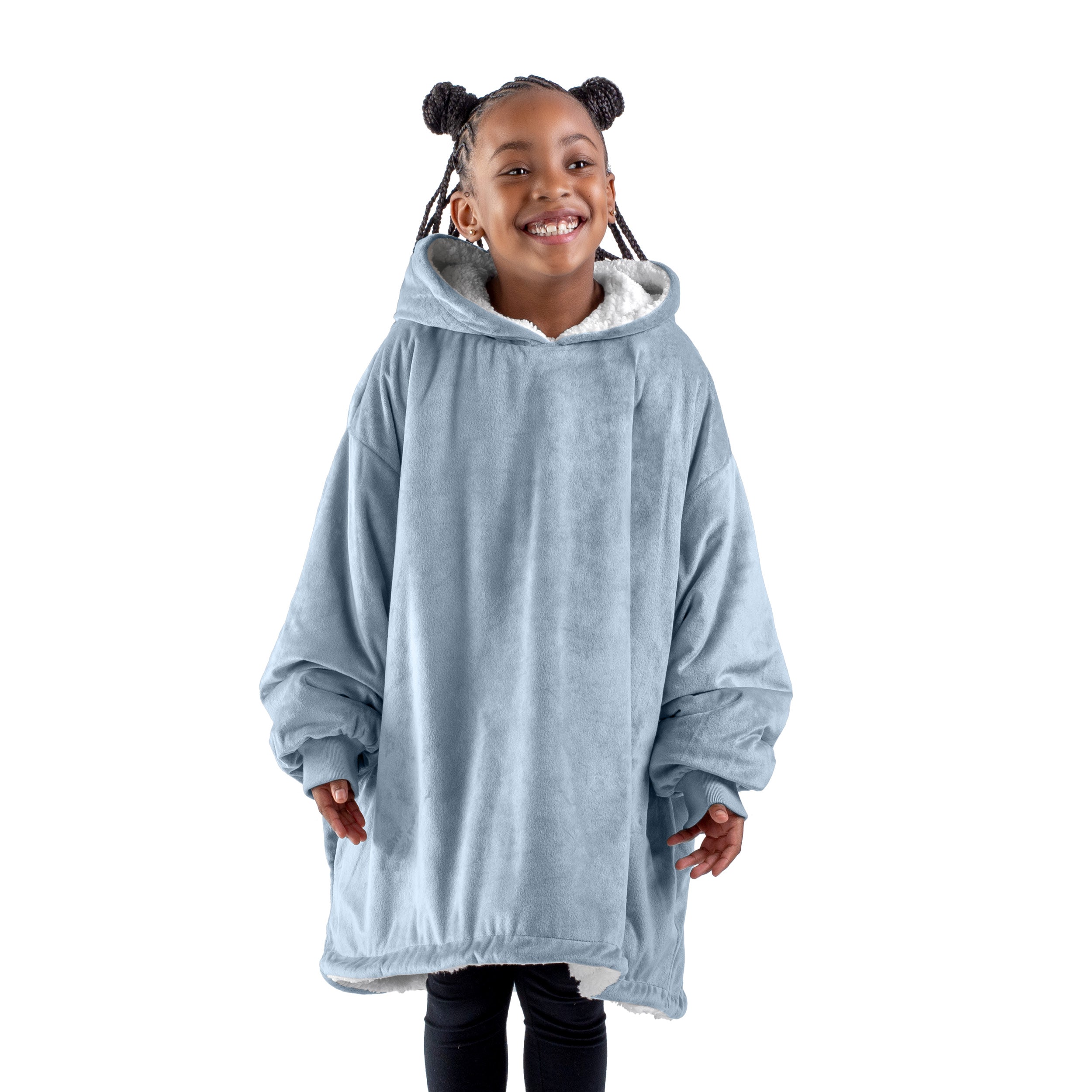 A child with a sherpa wearable blanket on