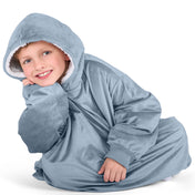 Close up of a sherpa wearable blanket on a child