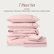 7-piece percale bedding set with pillowcases, flat sheet, fitted sheet, duvet cover, and pillow shams on a light background.