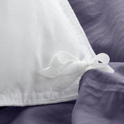 Close up of the corner ties on a duvet cover for attaching a duvet insert