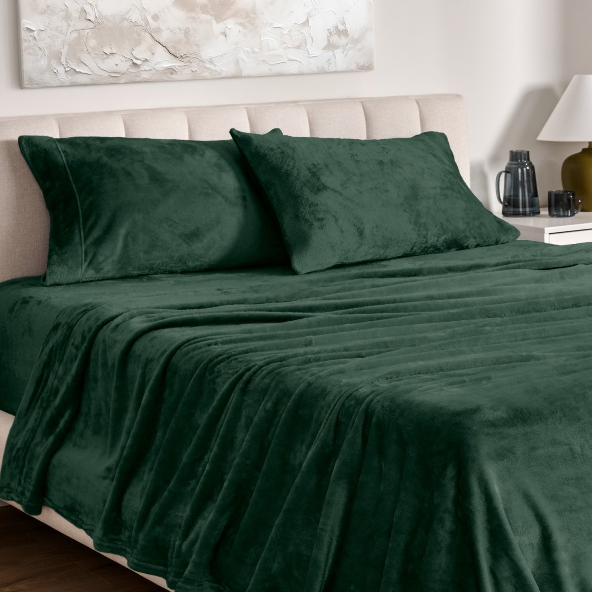 Microplush sheet set on a bed.