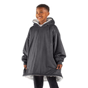 A child with a sherpa wearable blanket on