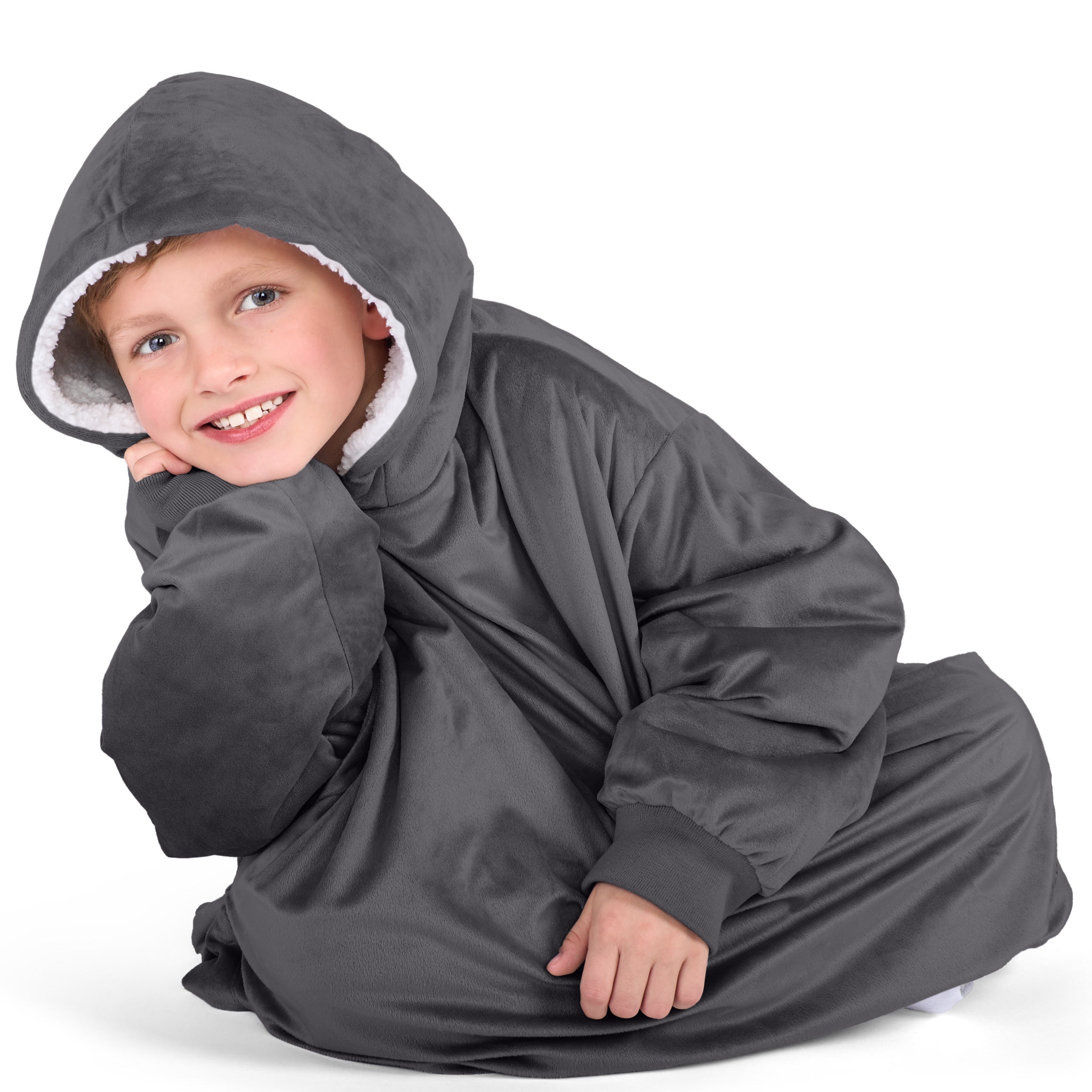 Close up of a sherpa wearable blanket on a child