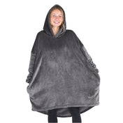 A woman wearing a cozy hooded blanket